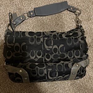 Coach Black & Gray Signature Jacquard Satchel with Leather Trim
